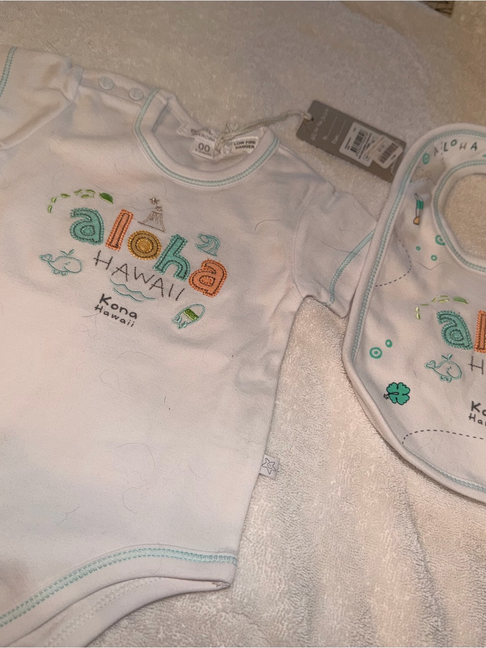 White "Aloha Hawaii" Baby One-Piece Bodysuit with Teal and Orange Embroidery